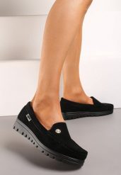 Czarne Mokasyny z Imitacji Zamszu z Wkładką ze Skóry Naturalnej Tiulla. Czarne mokasyny damskie Renee, z materiału, z okrągłym noskiem, bez obcasa. Za 69.99 zł.