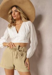 Beżowe Szorty High Waist Wiązane w Pasie Gilalilena. Brązowe szorty damskie Renee, bez wzorów, z materiału, z podwyższonym stanem. Za 39.99 zł.