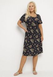 Granatowo-Beżowa Rozkloszowana Sukienka w Kwiatowy Wzór Lumilisse. Niebieskie sukienki damskie Born2be, bez wzorów, eleganckie, bez ramiączek. W wyprzedaży za 50.99 zł.