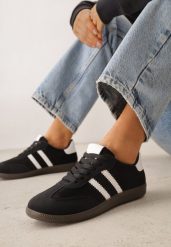 Czarno-Białe Sneakersy z Ekozamszu na Płaskiej Podeszwie Pemeriana. Czarne obuwie sportowe damskie Renee, z materiału, bez zapięcia. Za 89.99 zł.