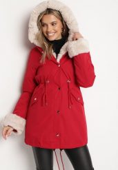 Bordowa Kurtka Parka z Kapturem i Odpinanym Futerkiem Ninria. Czerwone kurtki damskie Born2be, l, z dzianiny, z kapturem. Za 259.99 zł.