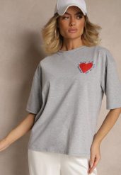 Szary T-shirt z Bawełny Ozdobiony Sercem Ranira. Szare t-shirty damskie Renee, z aplikacjami, z bawełny, bez kołnierzyka. Za 54.99 zł.