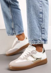 Biało-Złote Sneakersy w Stylu Kultowych Tenisówek z Kauczukową Podeszwą Poseiama. Białe obuwie sportowe damskie Renee, z jeansu, bez zapięcia, tenisowe. Za 74.99 zł.