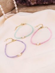 Pierres de Jade Pozłacane bransoletki (3 szt.) z perłami i kryształami rozmiar: onesize. Niebieskie bransoletki damskie Pierres de Jade, pozłacane. Za 30.99 zł.