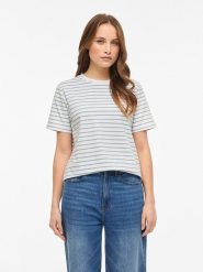 Vila Koszulka "Vinora" w kolorze zielono-białym rozmiar: XS. Białe bluzki damskie Vila, xs, bez wzorów, z bawełny, bez kołnierzyka, bez ramiączek. Za 61.02 zł.