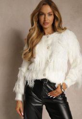 Jasnobeżowy Kardigan w Eleganckim Stylu z Imitacją Piór i Perłowymi Guzikami Nessea. Brązowe kardigany damskie Renee, s, bez wzorów, z jeansu. Za 79.99 zł.