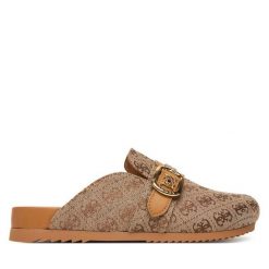 Klapki Guess. Brązowe klapki damskie Guess, z aplikacjami, bez obcasa, bez zapięcia. Za 549.99 zł.