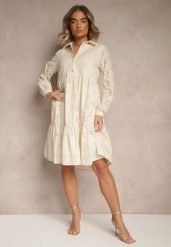 Beżowa Haftowana Sukienka z Bawełny Folisse. Brązowe sukienki damskie Renee, bez wzorów, z bawełny, eleganckie, bez ramiączek. W wyprzedaży za 119.99 zł.