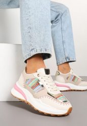 Beżowo-Różowe Sneakersy na Platformie ze Wstawkami z Plecionki Ninatia. Brązowe obuwie sportowe damskie Renee, z jeansu, bez zapięcia. Za 99.99 zł.