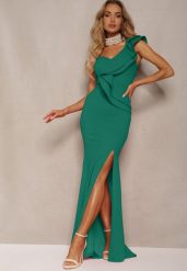 Zielona Elegancka Asymetryczna Sukienka z Falbanką i Rozcięciem na Nogę Adnelia. Zielone sukienki damskie Renee, bez wzorów, z dzianiny, eleganckie, bez ramiączek. W wyprzedaży za 125.99 zł.