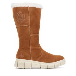 Kozaki Rieker. Brązowe kozaki damskie Rieker, bez obcasa, na płaskiej podeszwie, bez zapięcia. Za 272.99 zł.