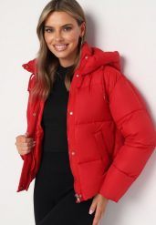 Czerwona Pikowana Kurtka Puffer z Kapturem Miviera. Czerwone kurtki damskie Born2be, na zimę, l, bez wzorów, z dzianiny, z kapturem. Za 119.99 zł.