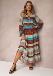 Niebiesko-Czerwona Sukienka Rozkloszowana w Fantazyjny Print Tehlani. Niebieskie sukienki damskie Renee, bez wzorów, z tkaniny, bez ramiączek. W wyprzedaży za 99.99 zł.