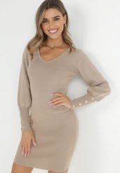 Beżowa Sukienka Dopasowana Dhamasa. Brązowe sukienki damskie Born2be, bez wzorów, z dzianiny, eleganckie, bez ramiączek. Za 99.99 zł.