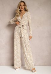 Beżowy Kopertowy Kombinezon z Paskiem w Talii i Ozdobnym Wzorem Mirannda. Brązowe sukienki damskie Renee, bez wzorów, z materiału, eleganckie, bez ramiączek. W wyprzedaży za 111.99 zł.