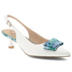 Czółenka damskie S.Barski, slingback ze skóry naturalnej z dekoracyjną aplikacją na niskim obcasie zapinane sprzączką, białe, LZ61-2006. Białe czółenka damskie S.BARSKI, z aplikacjami, ze skóry, bez obcasa. Za 233.90 zł.