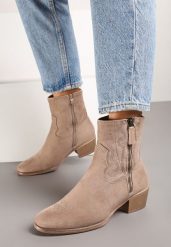 Beżowe Botki Kowbojki z Delikatnym Haftem na Słupku Malwida. Brązowe botki damskie Renee, z jeansu, eleganckie, bez obcasa, na obcasie, bez zapięcia. Za 129.99 zł.