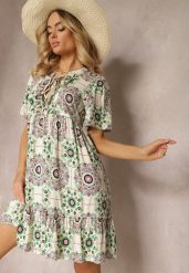 Zielona Sukienka z Wiskozowej Tkaniny w Mozaikowy Wzór Boho Naviera. Zielone sukienki damskie Renee, bez wzorów, z tkaniny, boho, bez ramiączek. W wyprzedaży za 75.99 zł.