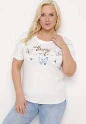 Biały Bawełniany T-shirt Koszulka z Krótkim Rękawem z Nadrukiem i Cyrkoniami Qumara. Białe bluzki damskie Born2be, xl, z aplikacjami, z bawełny, bez kołnierzyka. Za 34.99 zł.
