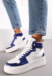 Biało-Granatowe Sznurowane Sneakersy za Kostkę z Brokatem i Metalicznymi Wstawkami Sareena. Białe obuwie sportowe damskie Renee, za kostkę, bez zapięcia. Za 49.99 zł.
