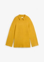 Sweter oversize ze stójką i rozcięciami po bokach. Żółte swetry klasyczne damskie bonprix, bez kołnierzyka. Za 119.99 zł.