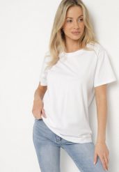 Biały Gładki T-shirt z Bawełny o Klasycznym Kroju Natime. Białe t-shirty damskie Born2be, l, bez wzorów, z bawełny, bez kołnierzyka. Za 39.99 zł.