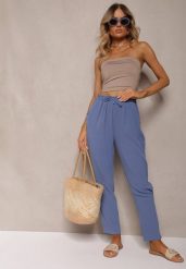 Niebieskie Spodnie z Regularną Talią z Gumką i Sznurkiem w Pasie Cerinda. Niebieskie spodnie materiałowe damskie Renee, bez wzorów, z jeansu. Za 44.99 zł.