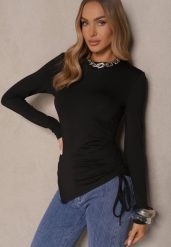 Czarna Bluzka Longsleeve z Wiskozą o Asymetrycznym Kroju ze Ściągaczem Zepilda. Czarne bluzki damskie Renee, l, bez wzorów, z jeansu, biznesowe, z asymetrycznym kołnierzem, bez ramiączek. Za 44.99 zł.