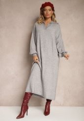 Szara Sweterkowa Sukienka z Wiskozą o Pudełkowym Kroju Ozdobiona Kołnierzykiem Clarinnae. Szare sukienki damskie Renee, bez wzorów, z wiskozy, eleganckie, bez ramiączek. W wyprzedaży za 111.99 zł.