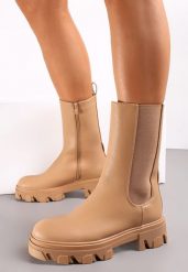 Brązowe Botki Sztyblety w Stylu Chunky z Łańcuchem Retrona. Brązowe botki damskie Renee, na zimę, z materiału, z okrągłym noskiem, bez obcasa, na platformie, bez zapięcia. Za 69.99 zł.