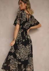 Czarna Rozkloszowana Sukienka z Wiązaniem w Kwiatowy Wzór Jeloiti. Czarne sukienki damskie Renee, bez wzorów, eleganckie, bez ramiączek. W wyprzedaży za 91.99 zł.