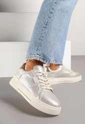 Złote Sneakersy Typu Tenisówki ze Skóry Naturalnej z Ozdobną Perforacją Vivallie. Żółte obuwie sportowe damskie Renee, z jeansu, bez zapięcia, tenisowe. Za 149.99 zł.