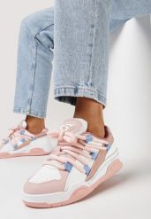 Różowe Sneakersy z Ekoskóry na Płaskiej Podeszwie z Grubymi Sznurówkami Rilirea. Czerwone obuwie sportowe damskie Born2be, bez zapięcia. Za 64.99 zł.