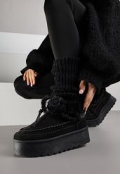 Czarne Śniegowce na Platformie Ozdobione Futerkiem i Przeszyciami Linerva. Czarne śniegowce damskie Renee, z jeansu. Za 109.99 zł.
