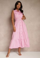 Różowa Sukienka Koszulowa z Ozdobnymi Guzikami i Paskiem Maviosa. Czerwone sukienki damskie Renee, z aplikacjami, eleganckie, bez ramiączek. W wyprzedaży za 135.99 zł.