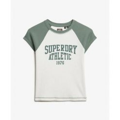 Koszulka damska z rękawami raglanowymi Superdry Athletic Essentials. Białe bluzki damskie Superdry, bez wzorów, z materiału, eleganckie, bez kołnierzyka, bez ramiączek. Za 141.35 zł.