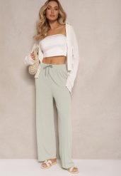 Jasnozielone Spodnie o Szerokim Kroju High Waist Ozdobione Sznurkami Harisna. Zielone spodnie materiałowe damskie Renee, z aplikacjami, z jeansu. Za 34.99 zł.