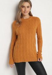 Jasnobrązowy Sweter z Wiskozą i Ozdobnym Splotem Savria. Brązowe swetry klasyczne damskie Born2be, na zimę, z wiskozy, bez kołnierzyka. Za 99.99 zł.