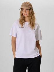 4F T-shirt loose z nadrukiem damski - biały S. Białe t-shirty damskie 4F, m, bez wzorów, z bawełny, bez kołnierzyka. Za 79.99 zł.