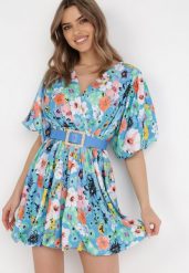 Niebieska Sukienka z Paskiem Appialla. Niebieskie sukienki damskie Born2be, z aplikacjami, eleganckie, bez ramiączek. Za 259.99 zł.