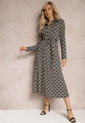 Czarno-Biała Koszulowa Sukienka Midi Ozdobiona Geometrycznym Wzorem i Wiązanym Paskiem Aripel. Czarne sukienki damskie Renee, bez wzorów, z materiału, eleganckie, bez ramiączek. W wyprzedaży za 143.99 zł.