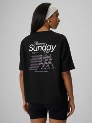 4F T-shirt loose z nadrukiem damski - czarny M. Czarne t-shirty damskie 4F, m, bez wzorów, z bawełny, bez kołnierzyka. Za 59.99 zł.