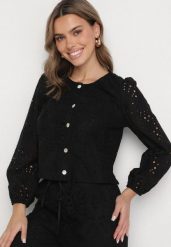 Czarna Haftowana Koszula z Bawełny Fonarose. Czarne koszule damskie Born2be, l, bez wzorów, z bawełny, eleganckie, bez kołnierzyka, bez ramiączek. Za 99.99 zł.