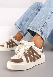 Brązowe Sneakersy na Grubej Podeszwie z Ozdobnymi Paskami Leristhra. Brązowe obuwie sportowe damskie Born2be, bez zapięcia. Za 84.99 zł.