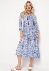Niebieska Rozkloszowana Sukienka w Stylu Boho Wiązana przy Dekolcie z Falbankami Dimasia. Niebieskie sukienki damskie Born2be, bez wzorów, boho, bez ramiączek. Za 129.99 zł.