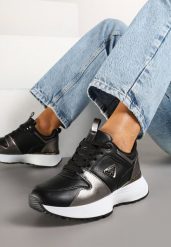 Czarne Sneakersy z Perforacją i Ozdobnymi Metalicznymi Wstawkami Kamirea. Czarne obuwie sportowe damskie Born2be, bez zapięcia. Za 89.99 zł.
