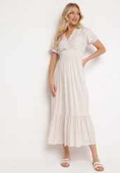 Jasnobeżowa Bawełniana Sukienka z Kopertowym Dekoltem w Stylu Boho Rissasie. Brązowe sukienki damskie Born2be, bez wzorów, z bawełny, boho, bez ramiączek. W wyprzedaży za 39.99 zł.