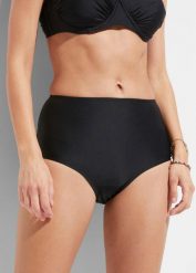 Figi bikini z wysokim stanem i lekkim efektem modelowania sylwetki. Czarne bikini bonprix, bez wzorów. Za 74.99 zł.