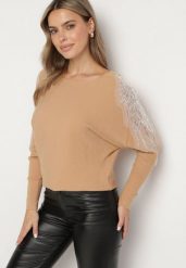 Ciemnobeżowy Sweter z Wiskozą Ozdobiony Cekinami i Koralikami Nevalisse. Brązowe swetry klasyczne damskie Born2be, m, z jeansu, bez kołnierzyka. Za 84.99 zł.