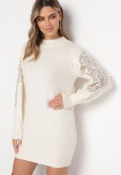 Jasnobeżowy Sweter z Okrągłym Dekoltem i Siateczkową Wstawką z Cekinami Zepirra. Brązowe swetry klasyczne damskie Born2be, bez kołnierzyka. Za 169.99 zł.